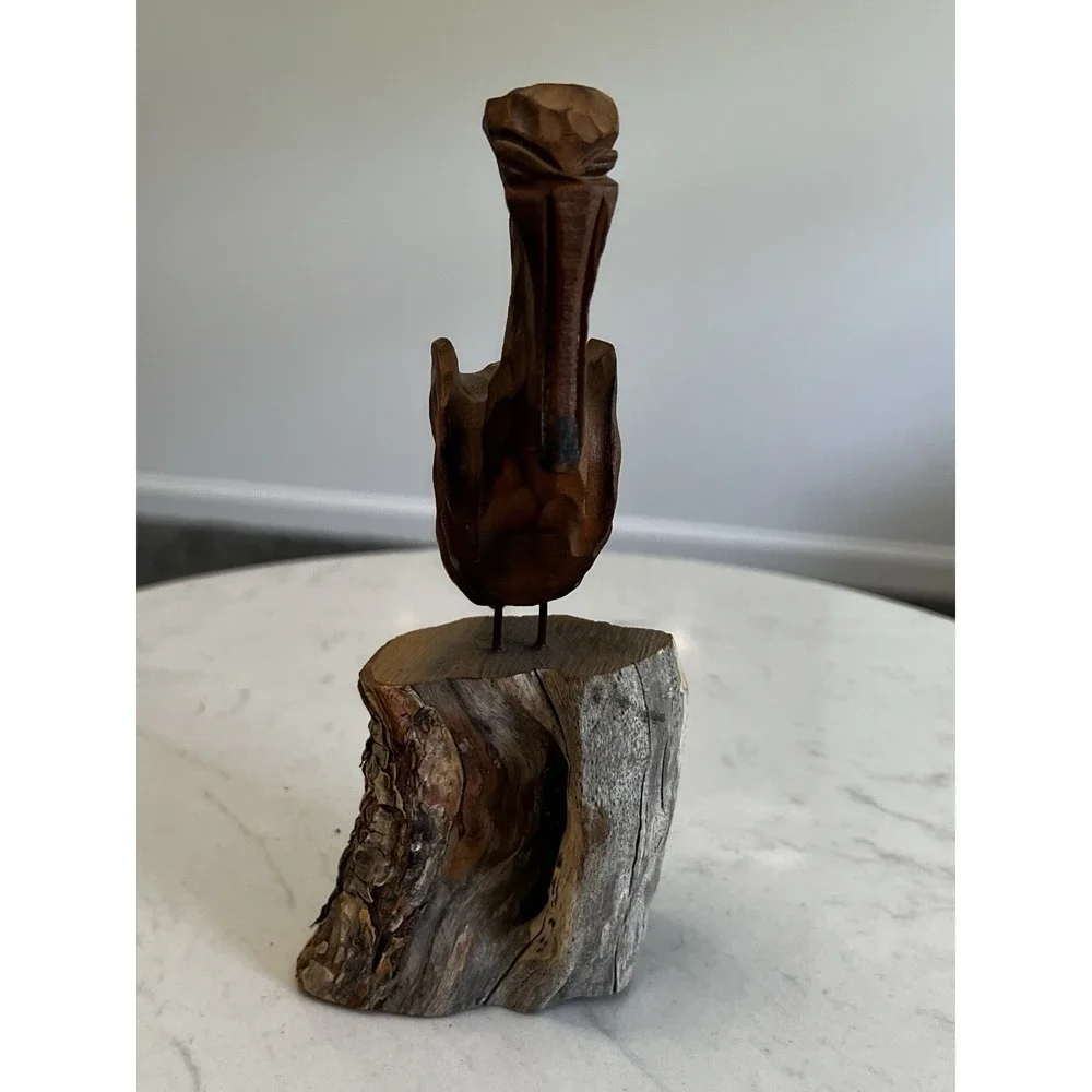 Vtg Hand Carved Wood Pelican Sculpture Driftwood Coastal Nautical Folk Art